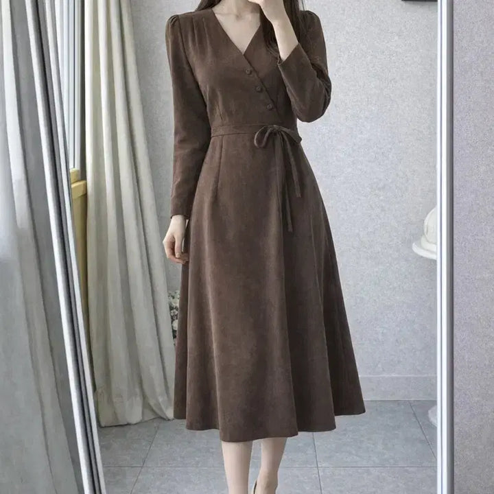 [BUNJANG] Yanssertin Brown Wrap Style Long Dress L / 얀써틴 브라운 랩스타일 원피스 L /롱원피스 허리끈/데이트룩 출근룩