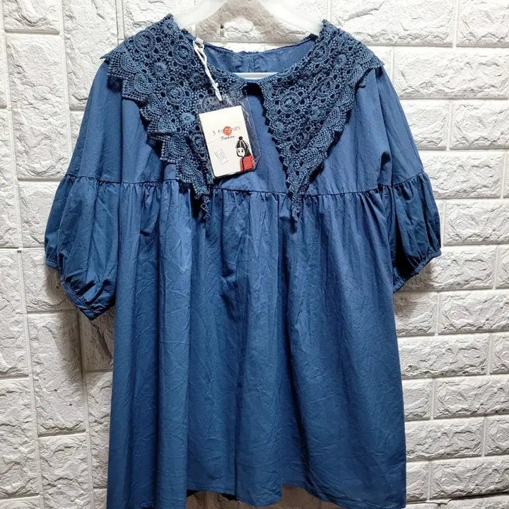 [BUNJANG] Unused Blue Cotton Lace Collar Blouse / 미사용 면 레이스 카라 블루 블라우스