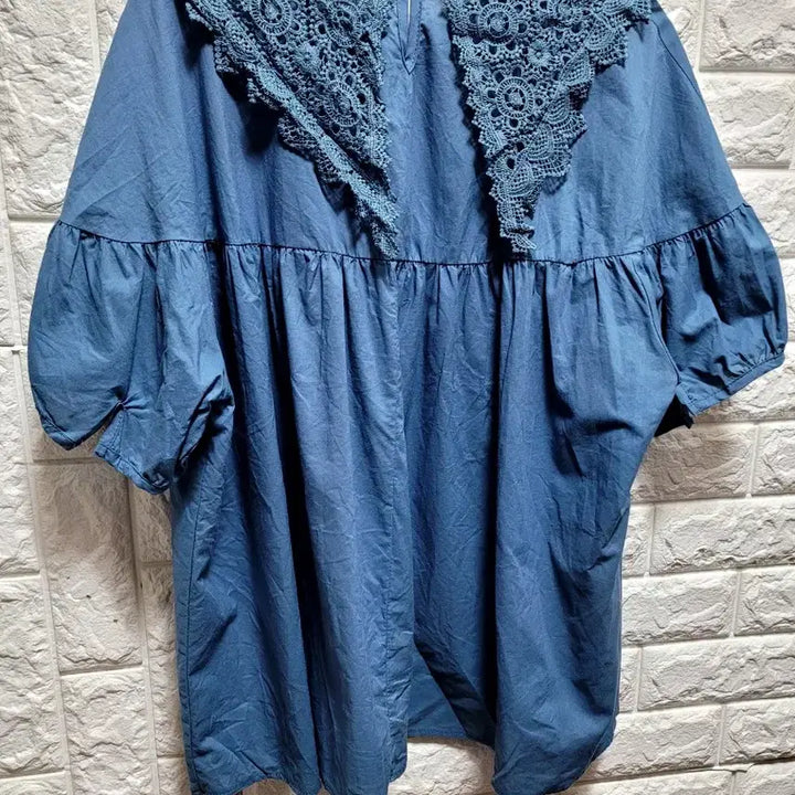 [BUNJANG] Unused Blue Cotton Lace Collar Blouse / 미사용 면 레이스 카라 블루 블라우스