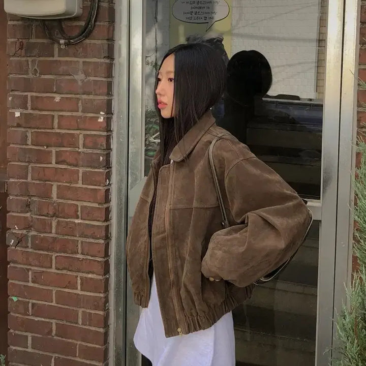 [BUNJANG] Avely Zigzag Suede Collar Jacket Brown / 에이블리 지그재그 스웨이드 카라 자켓 브라운