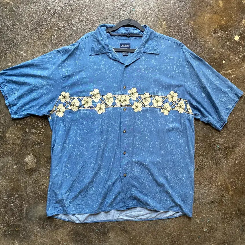 [BUNJANG] Vintage Hawaiian Blue Short-Sleeve Shirt / 빈티지 블루 하와이안 반팔 셔츠