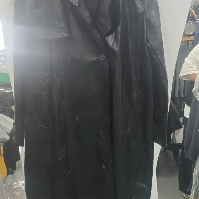 [BUNJANG] Black Long Leather Trench Coat / 블랙 가죽 롱 트렌치 코트