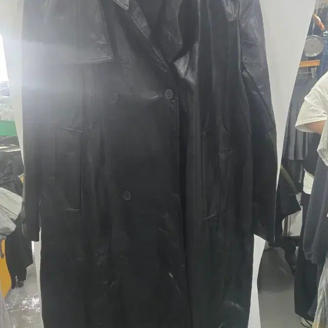 [BUNJANG] Black Long Leather Trench Coat / 블랙 가죽 롱 트렌치 코트