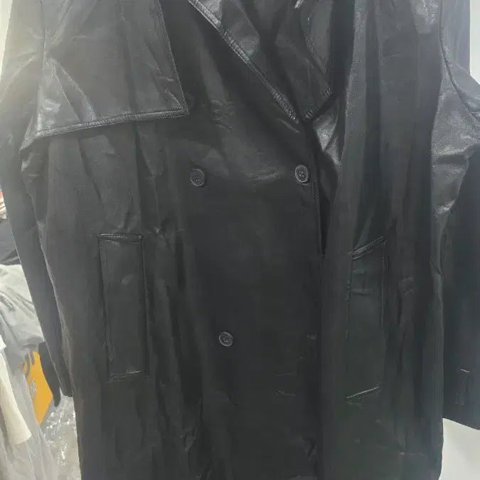 [BUNJANG] Black Long Leather Trench Coat / 블랙 가죽 롱 트렌치 코트
