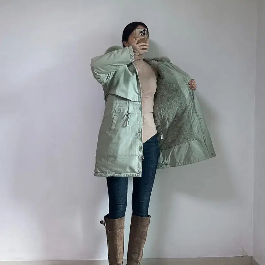 [BUNJANG] Long Padded Jacket with Detachable Fur / 새상품 2컬러 안감 밍크 털 퍼 탈부착 롱 패딩 허리 스트링 55-77