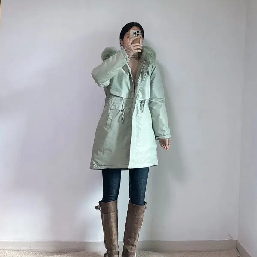 [BUNJANG] Long Padded Jacket with Detachable Fur / 새상품 2컬러 안감 밍크 털 퍼 탈부착 롱 패딩 허리 스트링 55-77