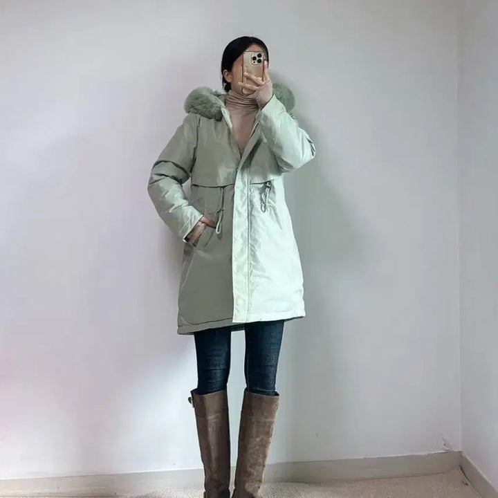 [BUNJANG] Long Padded Jacket with Detachable Fur / 새상품 2컬러 안감 밍크 털 퍼 탈부착 롱 패딩 허리 스트링 55-77
