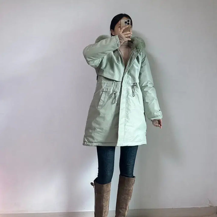 [BUNJANG] Long Padded Jacket with Detachable Fur / 새상품 2컬러 안감 밍크 털 퍼 탈부착 롱 패딩 허리 스트링 55-77