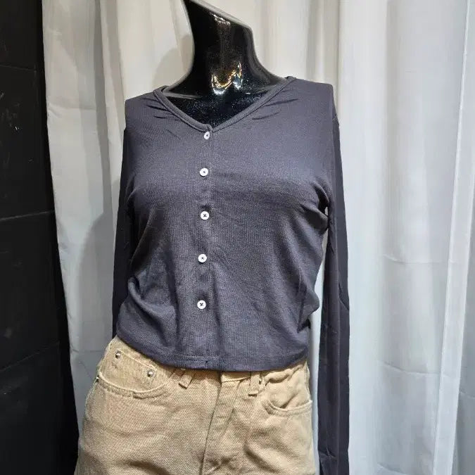 [BUNJANG] V-Neck Charcoal Ribbed Short Cardigan / 손가락워머 브이넥 차콜 골지 쇼트 가디건