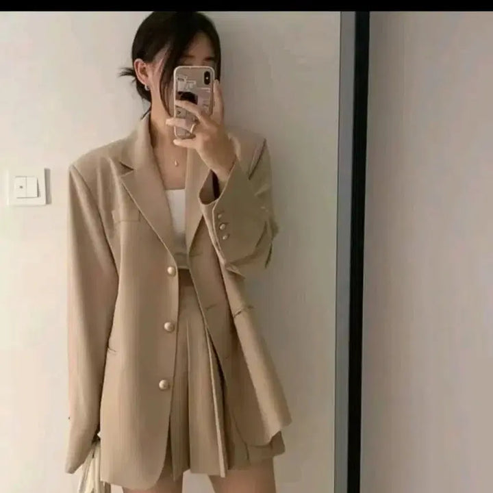 [BUNJANG] Beige Jacket and Pleated Skirt Set / 베이지색 자켓 플리츠 스커트 셋업