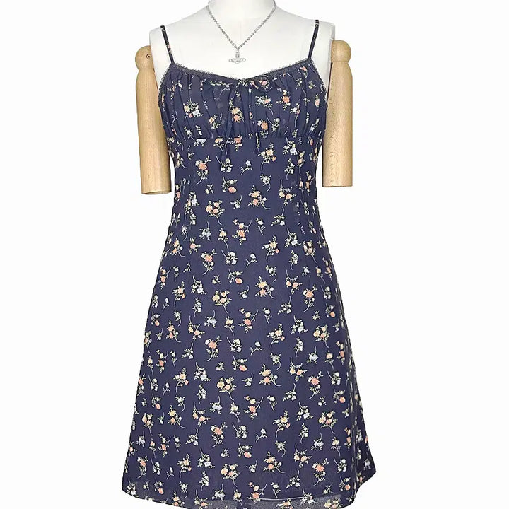 [BUNJANG] Vintage Lace Ribbon Mini Dress / 일본빈티지 미니레이스리본셔링 끈나시원피스청보라퍼플 모리걸하구미룩갸루y2k
