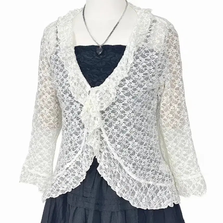 [BUNJANG] Rosa Cherry Lace Ruffle Shiring Cardigan Jacket Ivory / 일본빈티지 로사체리 레이스러플셔링가디건자켓아이보리 모리걸하구미룩갸루y2k