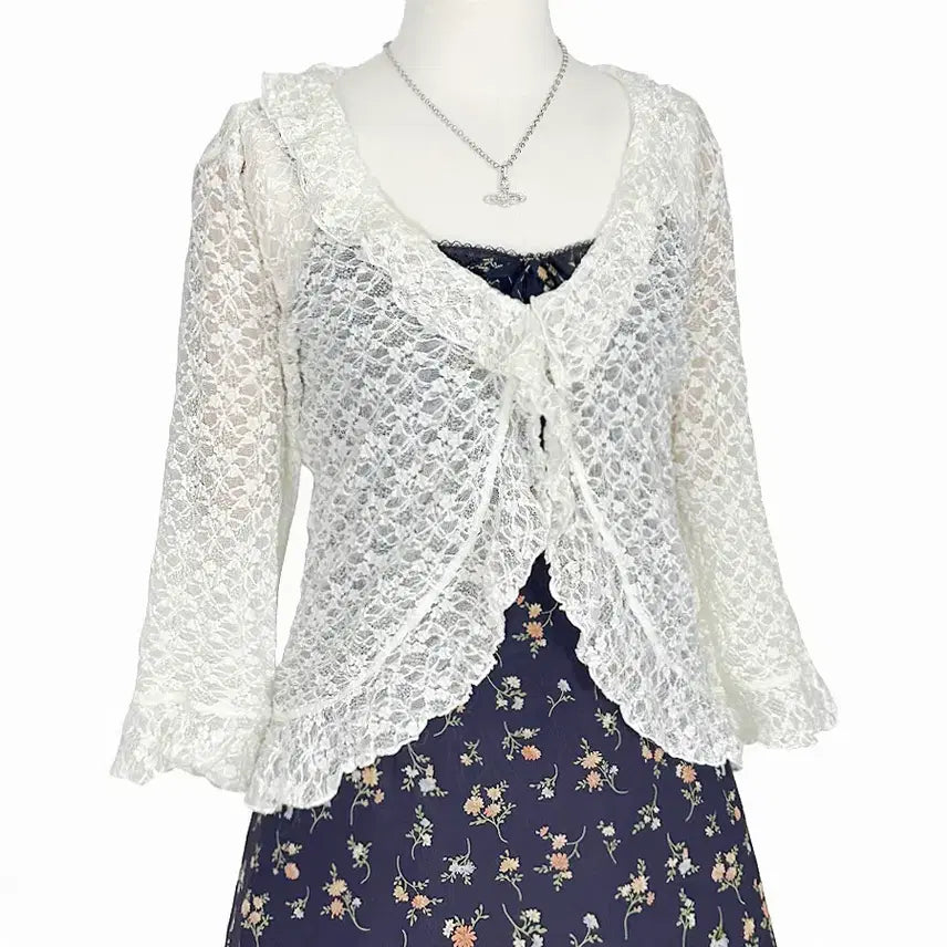 [BUNJANG] Rosa Cherry Lace Ruffle Shiring Cardigan Jacket Ivory / 일본빈티지 로사체리 레이스러플셔링가디건자켓아이보리 모리걸하구미룩갸루y2k
