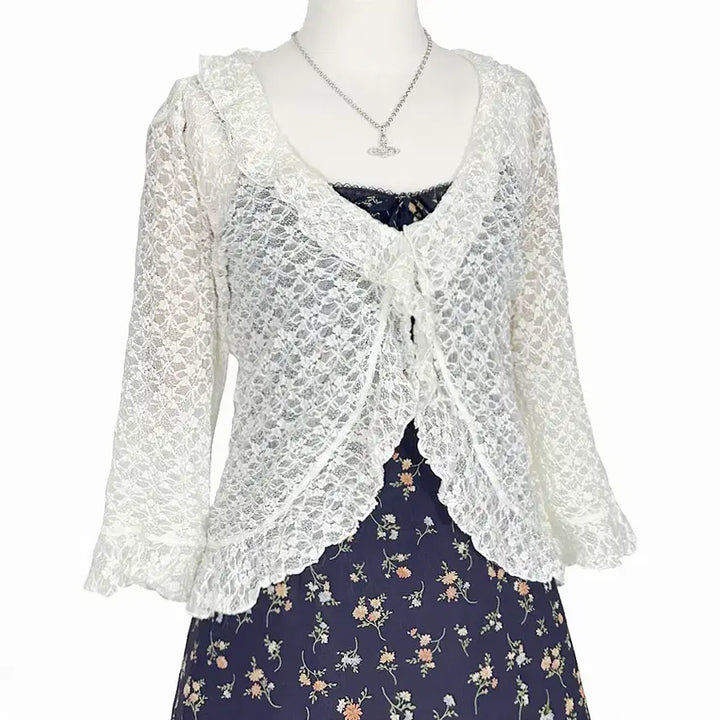 [BUNJANG] Rosa Cherry Lace Ruffle Shiring Cardigan Jacket Ivory / 일본빈티지 로사체리 레이스러플셔링가디건자켓아이보리 모리걸하구미룩갸루y2k