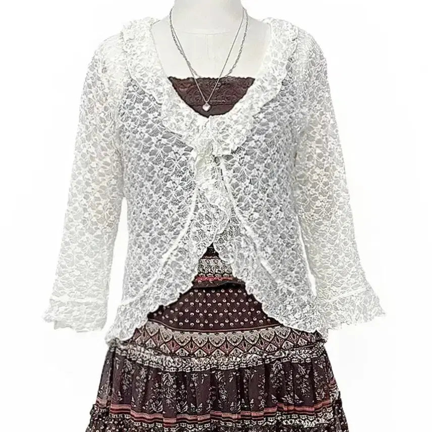 [BUNJANG] Rosa Cherry Lace Ruffle Shiring Cardigan Jacket Ivory / 일본빈티지 로사체리 레이스러플셔링가디건자켓아이보리 모리걸하구미룩갸루y2k