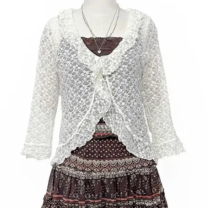 [BUNJANG] Rosa Cherry Lace Ruffle Shiring Cardigan Jacket Ivory / 일본빈티지 로사체리 레이스러플셔링가디건자켓아이보리 모리걸하구미룩갸루y2k