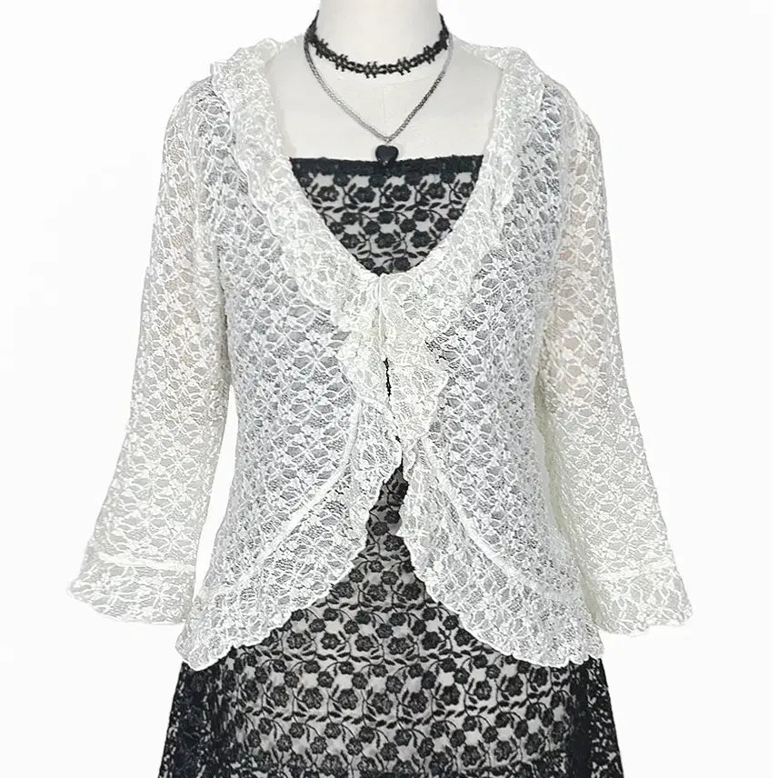 [BUNJANG] Rosa Cherry Lace Ruffle Shiring Cardigan Jacket Ivory / 일본빈티지 로사체리 레이스러플셔링가디건자켓아이보리 모리걸하구미룩갸루y2k