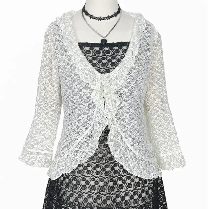 [BUNJANG] Rosa Cherry Lace Ruffle Shiring Cardigan Jacket Ivory / 일본빈티지 로사체리 레이스러플셔링가디건자켓아이보리 모리걸하구미룩갸루y2k