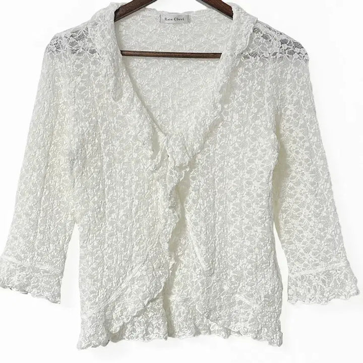 [BUNJANG] Rosa Cherry Lace Ruffle Shiring Cardigan Jacket Ivory / 일본빈티지 로사체리 레이스러플셔링가디건자켓아이보리 모리걸하구미룩갸루y2k