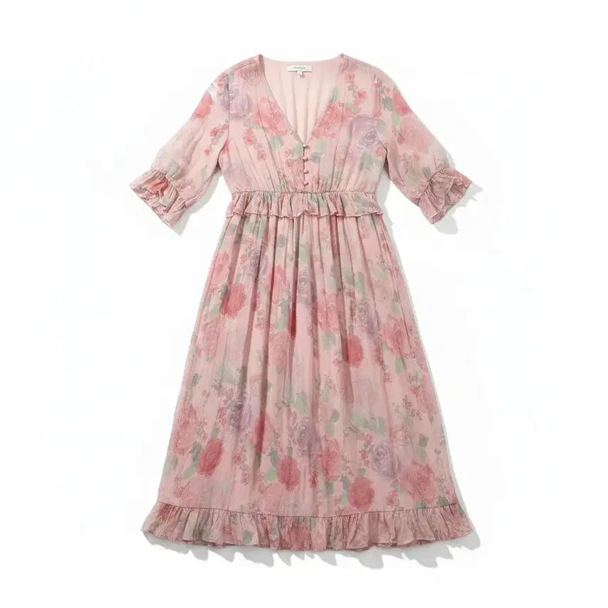 [BUNJANG] Simply Pastel Rose Frill V-Neck Dress / 여성S / 심플리 파스텔 로즈 프릴 브이넥원피스 15-11