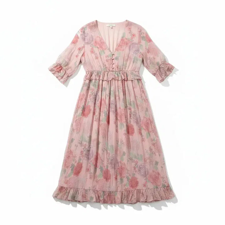 [BUNJANG] Simply Pastel Rose Frill V-Neck Dress / 여성S / 심플리 파스텔 로즈 프릴 브이넥원피스 15-11