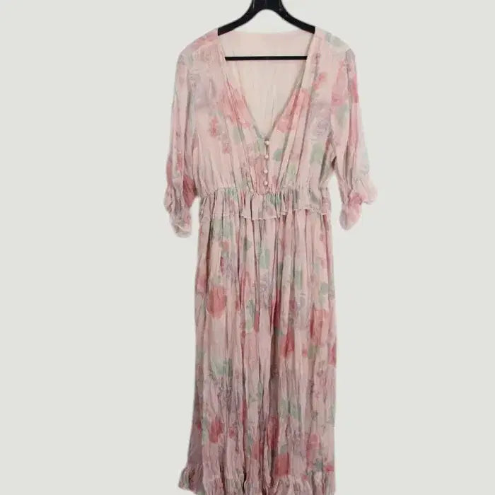 [BUNJANG] Simply Pastel Rose Frill V-Neck Dress / 여성S / 심플리 파스텔 로즈 프릴 브이넥원피스 15-11