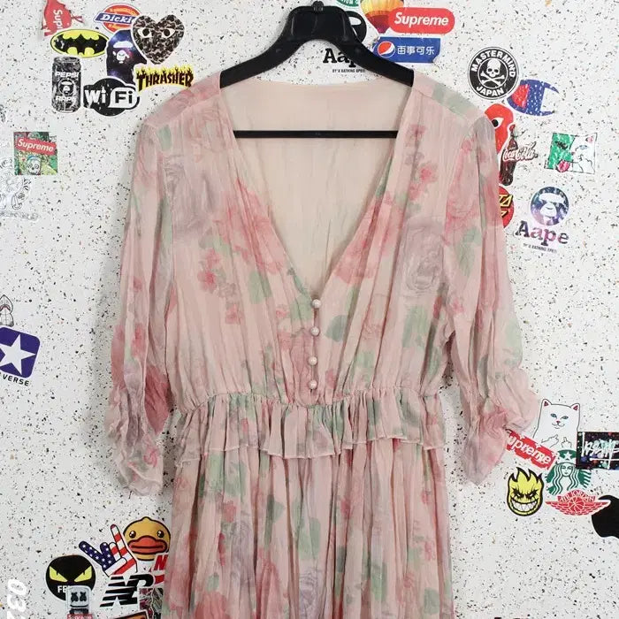[BUNJANG] Simply Pastel Rose Frill V-Neck Dress / 여성S / 심플리 파스텔 로즈 프릴 브이넥원피스 15-11