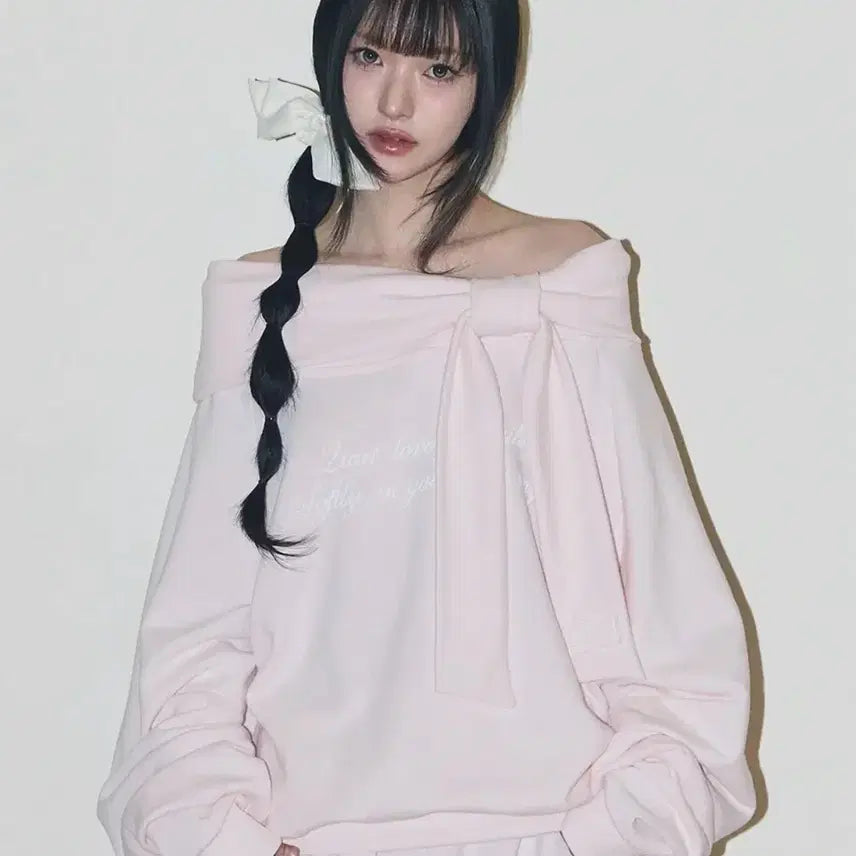 [BUNJANG] Illico Pure Bow Off-Shoulder Sweatshirt Pink / 일리고 퓨어 보우 오프숄더 맨투맨 핑크
