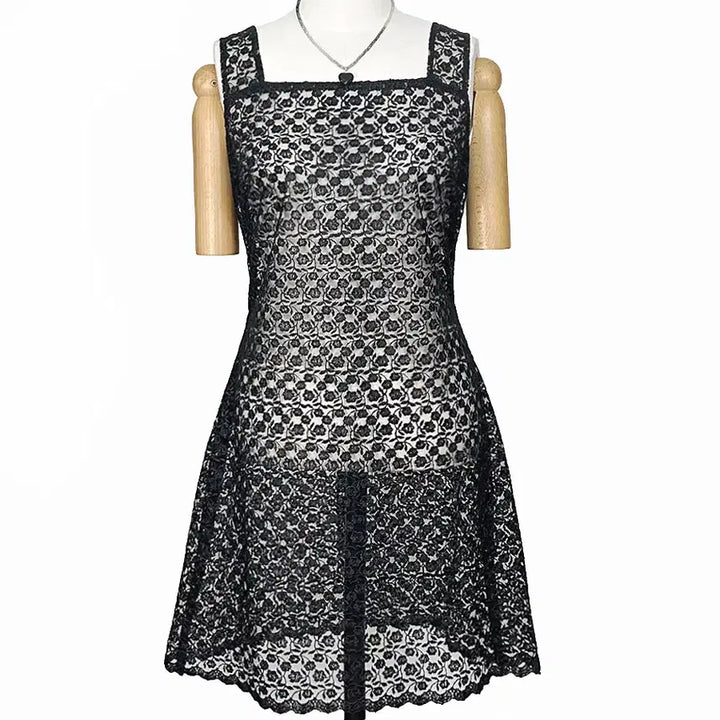 [BUNJANG] Vintage Layered See-Through Floral Embroidery Square Neck Dress - Black / 일본빈티지 레이어드시스루꽃자수 스퀘어넥 원피스블랙 모리걸하구미룩갸루y2k