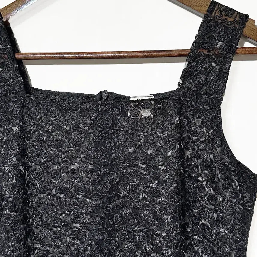 [BUNJANG] Vintage Layered See-Through Floral Embroidery Square Neck Dress - Black / 일본빈티지 레이어드시스루꽃자수 스퀘어넥 원피스블랙 모리걸하구미룩갸루y2k