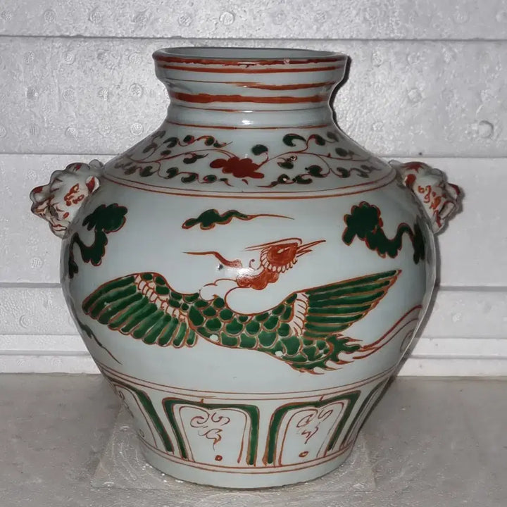 [BUNJANG] Hongrokchae Celadon Porcelain Phoenix Vase - Vintage Chinese Ceramic / 홍록채 고도자 봉황문 양이 호 높27 지름27센 중국도자기 오래된 골통품