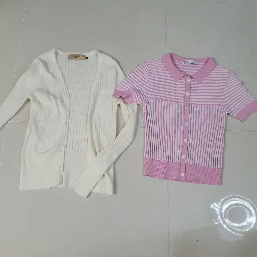 [BUNJANG] NAIN 아이보리 가디건 + ZARA 핑크 반팔 니트 세트 / NAIN 아이보리 가디건 + ZARA 핑크 반팔 니트 세트