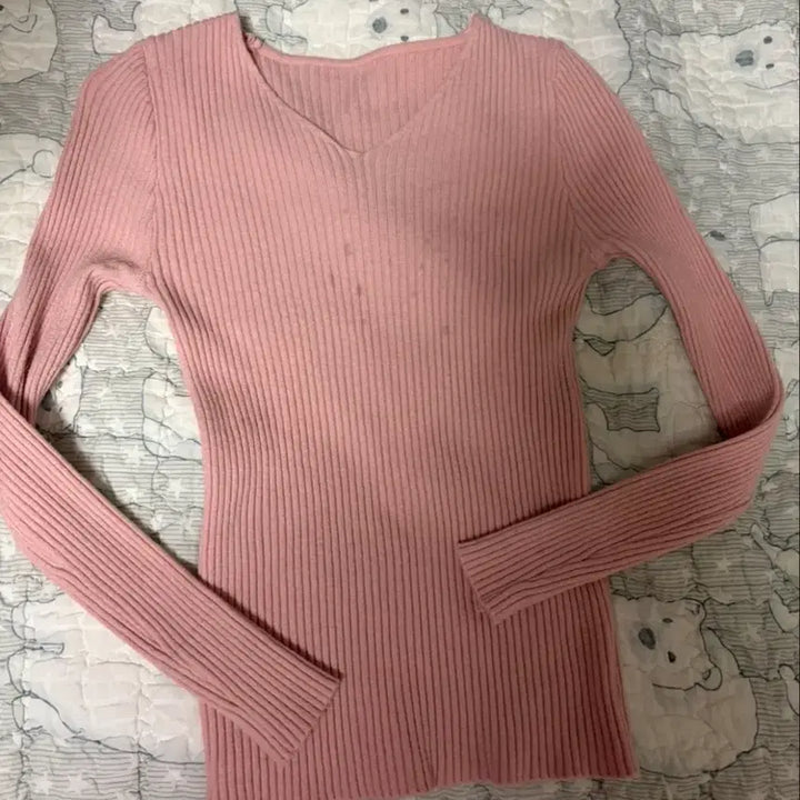 [BUNJANG] Pink V-neck Ribbed Knit Sweater / 핑크색 브이넥 골지 니트