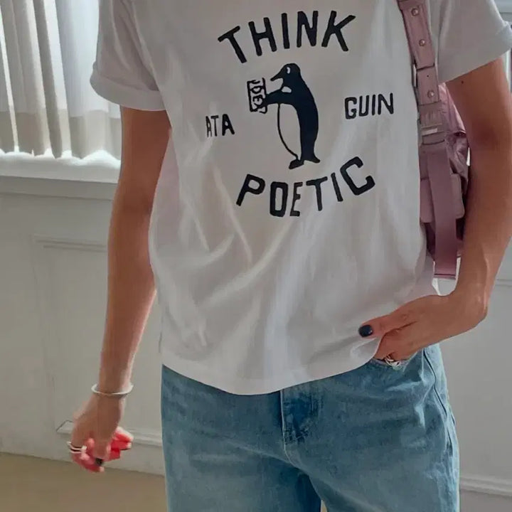 [BUNJANG] White Penguin Printing Short Sleeve T-Shirt / 화이트 펭귄 프린팅 반팔 티셔츠 새상품
