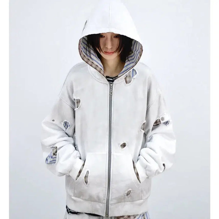 [BUNJANG] RELABEL Patchwork Heavy Washing Hoodie Sweatshirt / RELABEL 스트라이프 패치워크 핸드스티치 헤비워싱 후드 스웨트셔츠