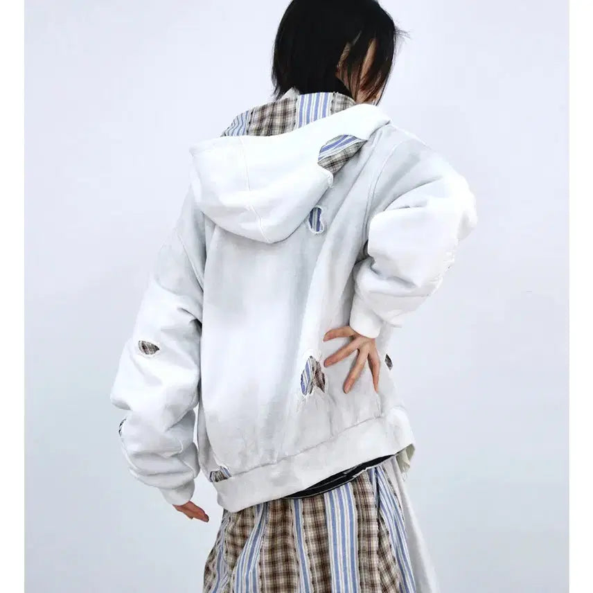 [BUNJANG] RELABEL Patchwork Heavy Washing Hoodie Sweatshirt / RELABEL 스트라이프 패치워크 핸드스티치 헤비워싱 후드 스웨트셔츠