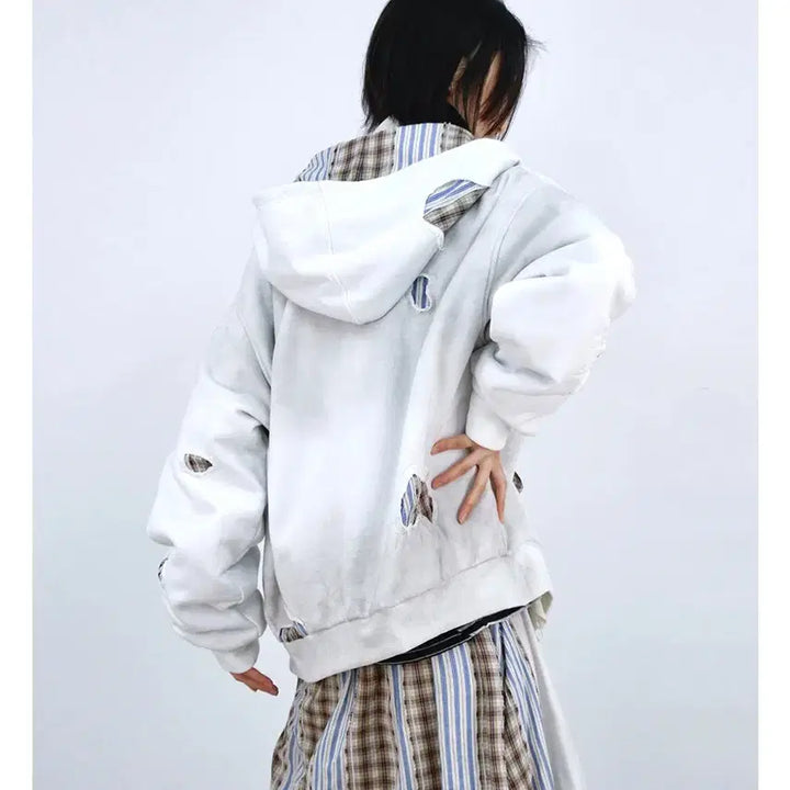 [BUNJANG] RELABEL Patchwork Heavy Washing Hoodie Sweatshirt / RELABEL 스트라이프 패치워크 핸드스티치 헤비워싱 후드 스웨트셔츠