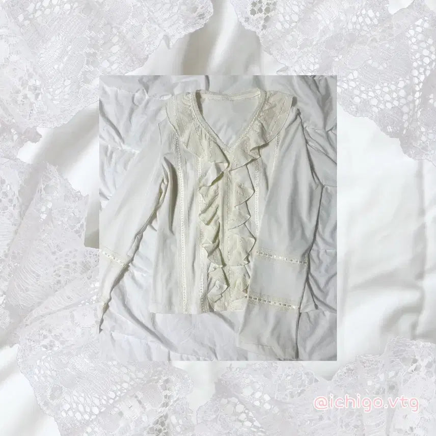 [BUNJANG] Lolita Frill Lace Blouse Long Sleeve Top / 프릴 버터크림 로리타 아이보리 프릴 레이스 블라우스 긴팔 탑 리즈리사 깔
