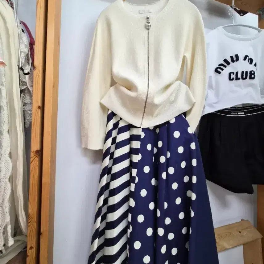 [BUNJANG] SJSJ Zip-Up Cardigan &amp; BLANK Polka Dot Skirt Set / 시스템 집업 가디건. 언발도트 스커트