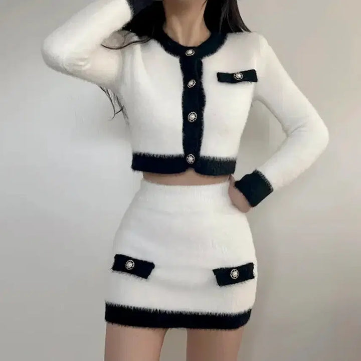 [BUNJANG] Angora Knit Two-Piece Set / [무료배송]배색 앙고라 니트 투피스