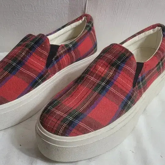 [BUNJANG] Red Tartan Platform Slip-on Shoes (230mm) / 레드 타탄체크 플랫폼 슬립온230
