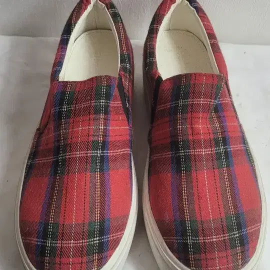 [BUNJANG] Red Tartan Platform Slip-on Shoes (230mm) / 레드 타탄체크 플랫폼 슬립온230