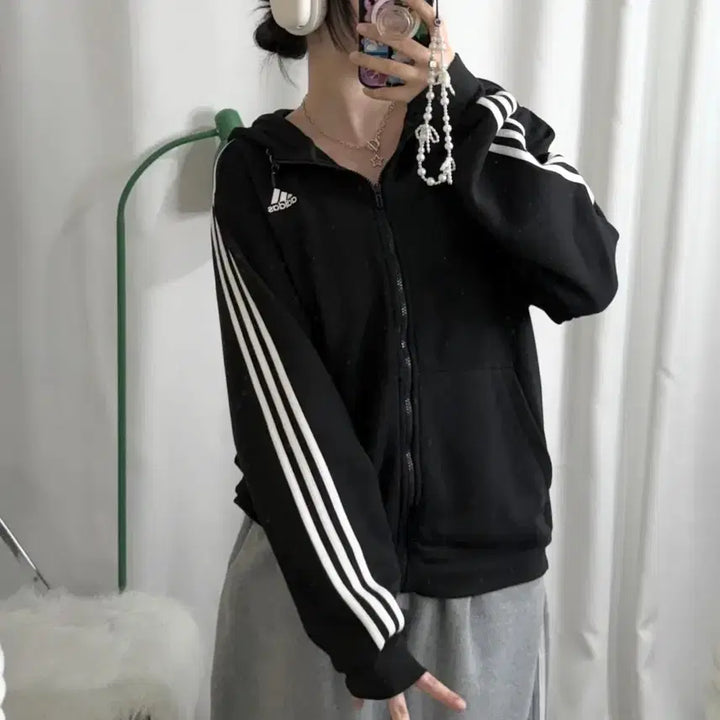 [BUNJANG] Adidas Black Oversized Hooded Zip-Up / 아디다스 블랙 오버핏 후드 집업