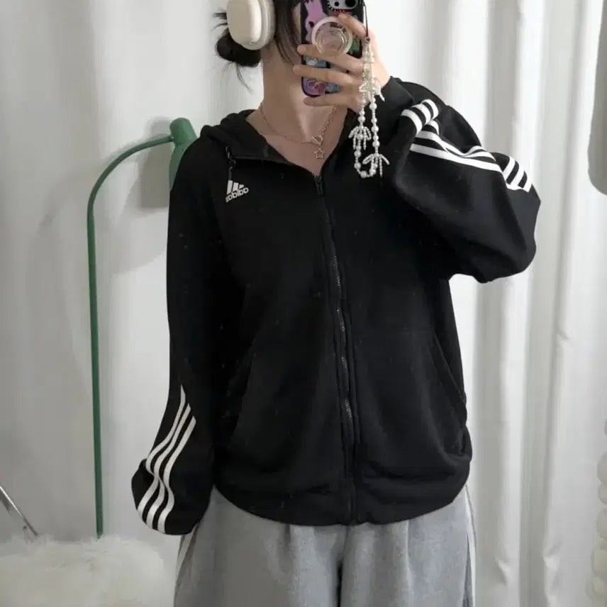 [BUNJANG] Adidas Black Oversized Hooded Zip-Up / 아디다스 블랙 오버핏 후드 집업