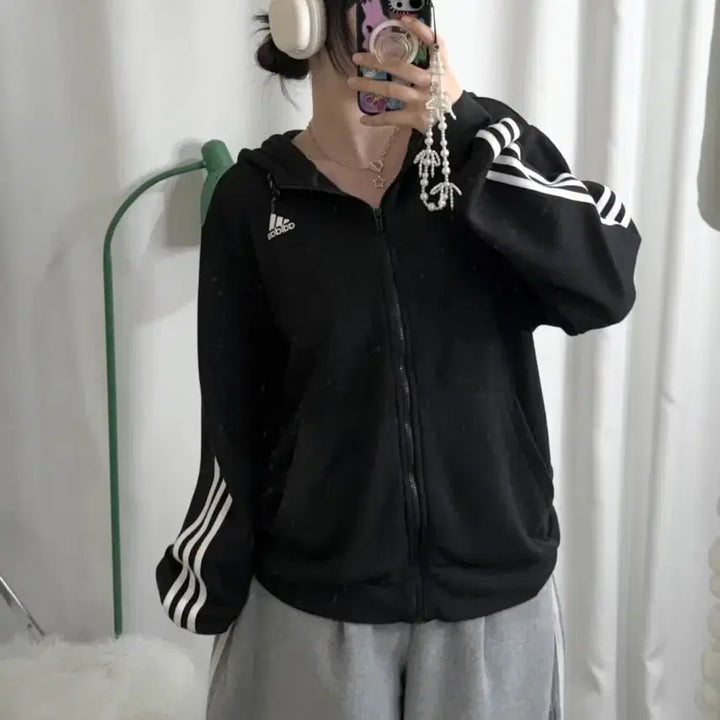 [BUNJANG] Adidas Black Oversized Hooded Zip-Up / 아디다스 블랙 오버핏 후드 집업