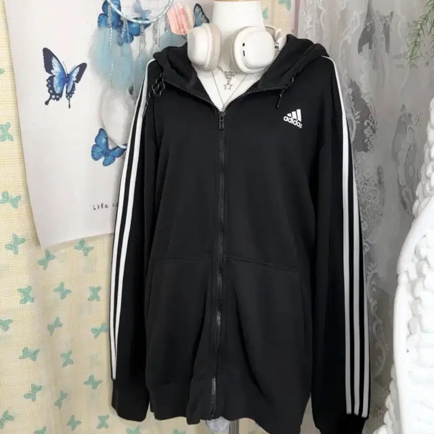 [BUNJANG] Adidas Black Oversized Hooded Zip-Up / 아디다스 블랙 오버핏 후드 집업