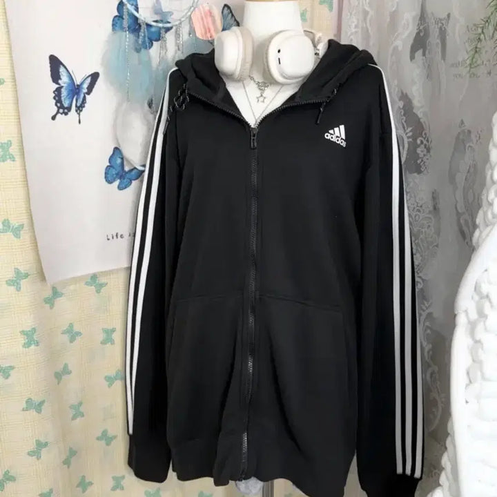[BUNJANG] Adidas Black Oversized Hooded Zip-Up / 아디다스 블랙 오버핏 후드 집업