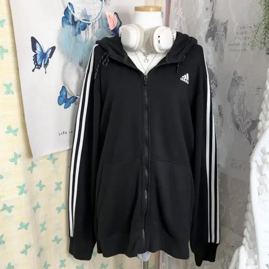[BUNJANG] Adidas Black Oversized Hooded Zip-Up / 아디다스 블랙 오버핏 후드 집업