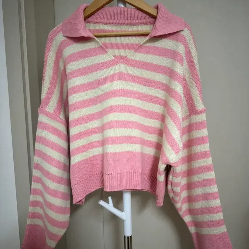 [BUNJANG] Stripe Collar Knit Pink / [새상품] 반크롭 스트라이프 카라 니트 핑크