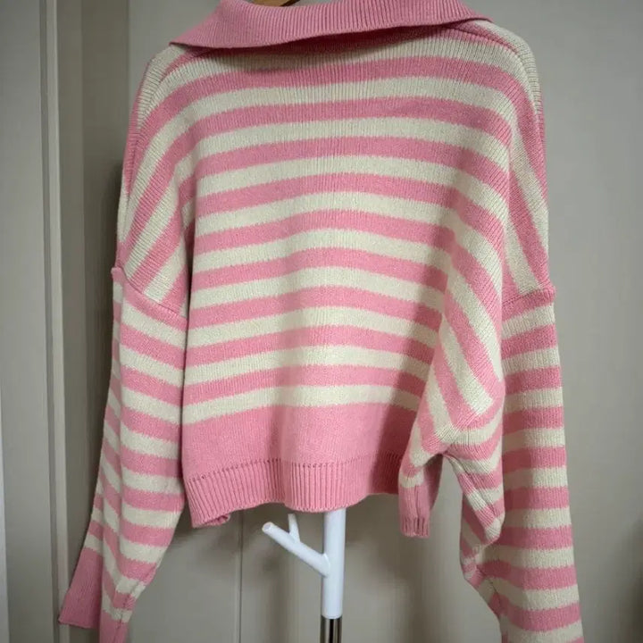 [BUNJANG] Stripe Collar Knit Pink / [새상품] 반크롭 스트라이프 카라 니트 핑크